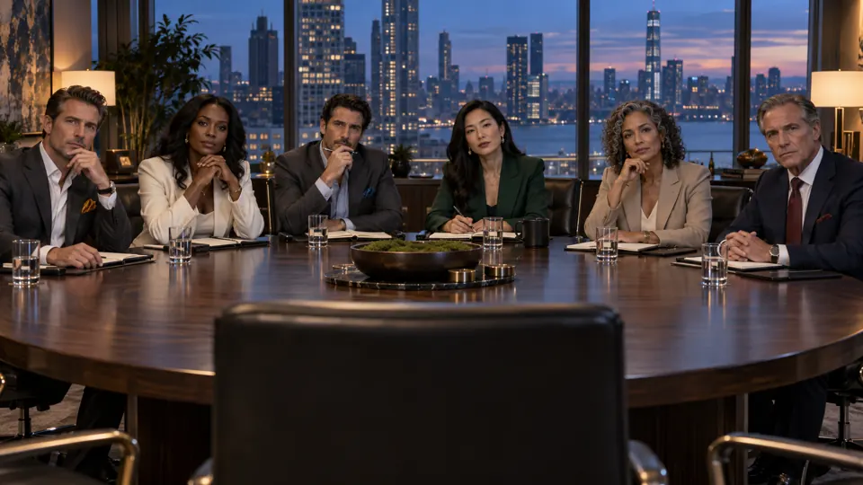 Six fictional venture judges seated around a walnut boardroom table